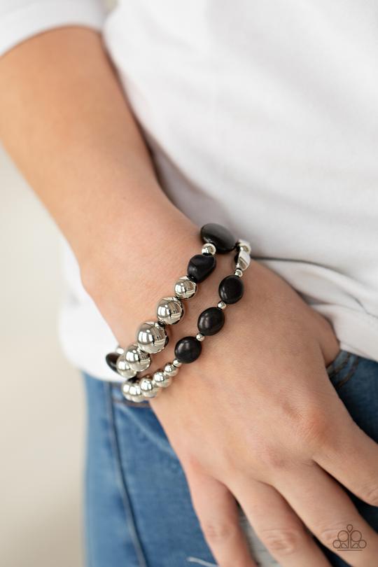 Authentically Artisan - Black Stones/Silver Oversized Beaded Paparazzi Stretch Bracelet