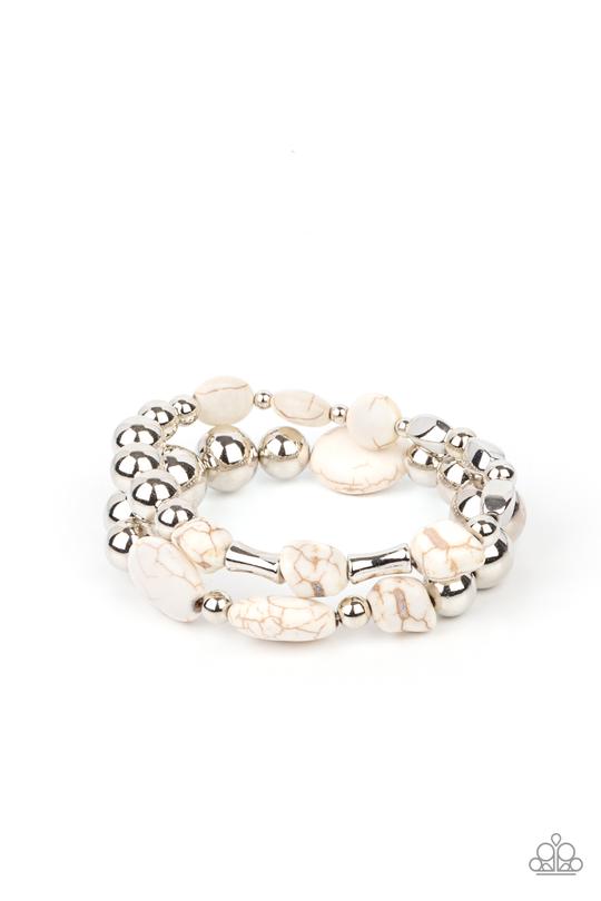 Authentically Artisan - White Stone & Oversized Silver Beaded Paparazzi Stretch Bracelet