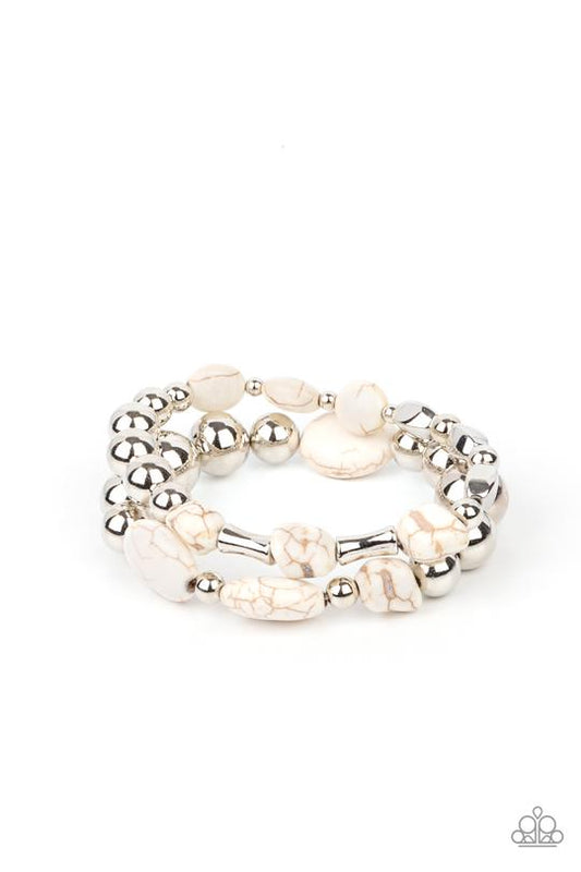 Authentically Artisan - White Stone & Oversized Silver Beaded Paparazzi Stretch Bracelet