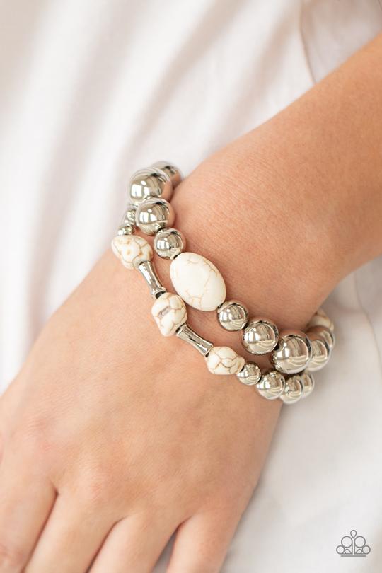 Authentically Artisan - White Stone & Oversized Silver Beaded Paparazzi Stretch Bracelet