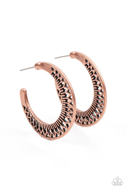 Bada BLOOM! - Copper Antiqued Stenciled Paparazzi Hoop Earrings