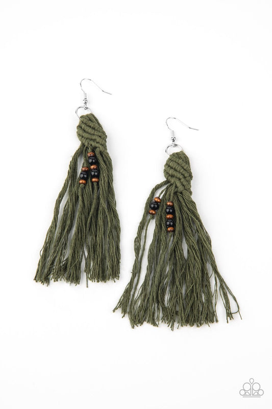 Beach Bash - Green Tassel/Dainty Wooden & Glassy Black Beaded Paparazzi Macrame Earrings