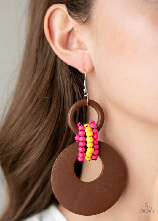 Beach Day Drama - Multi Pink, Yellow, & Brown Wooden Paparazzi Earrings