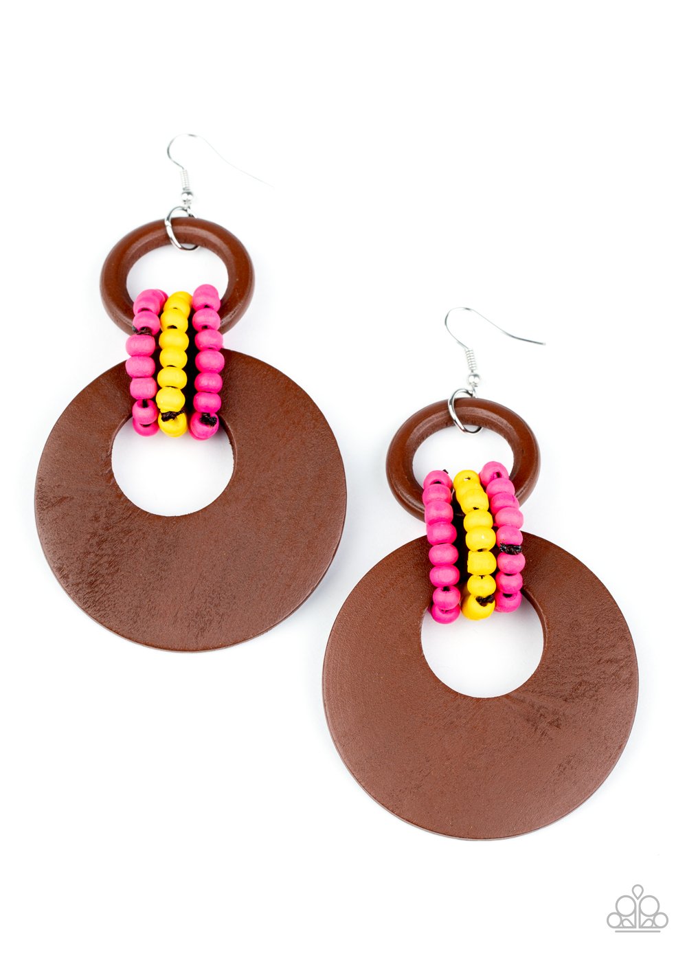 Beach Day Drama - Multi Pink, Yellow, & Brown Wooden Paparazzi Earrings