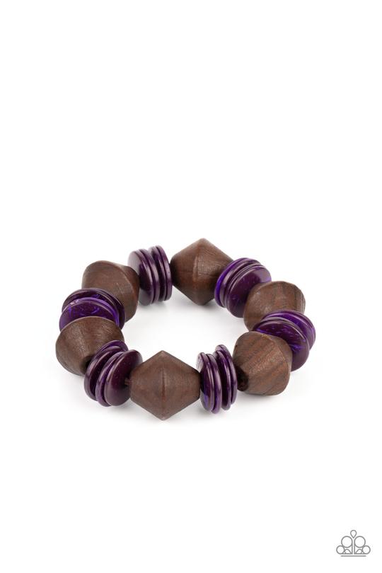 Bermuda Boardwalk - Purple Wooden Discs & Chunky Brown Wooded Beaded Paparazzi Stretch Bracelet
