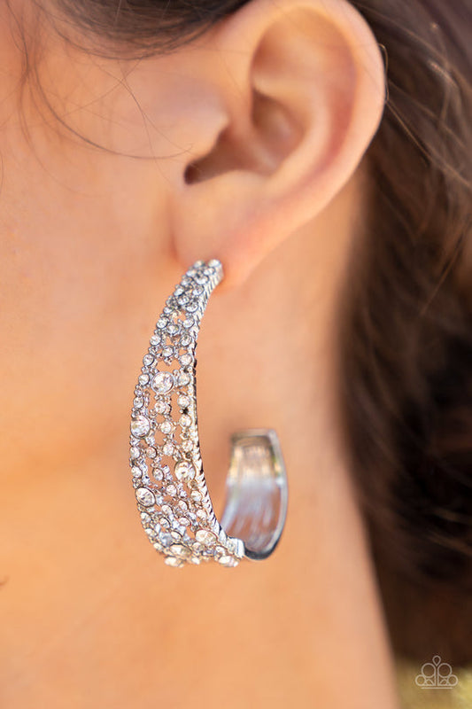 Cold as Ice - White Rhinestone Encrusted J-Hoop Paparazzi Earrings