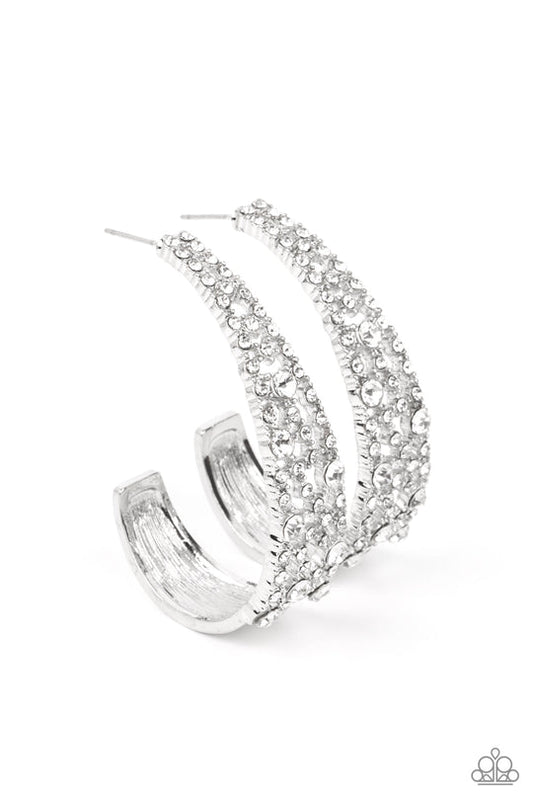 Cold as Ice - White Rhinestone Encrusted J-Hoop Paparazzi Earrings