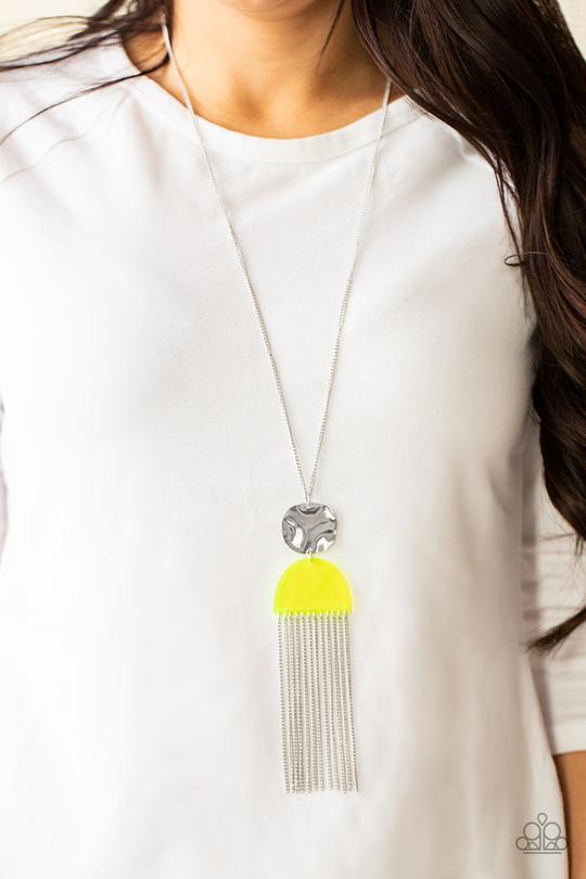 Color Me Neon - Yellow Neon Acrylic Frame/Silver Chain Tassel Paparazzi Pendant Necklace & matching earrings