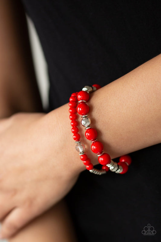 Colorful Collisions - Red, Silver, & crystal-Like Beaded Paparazzi Set of 2 Stretch Bracelets