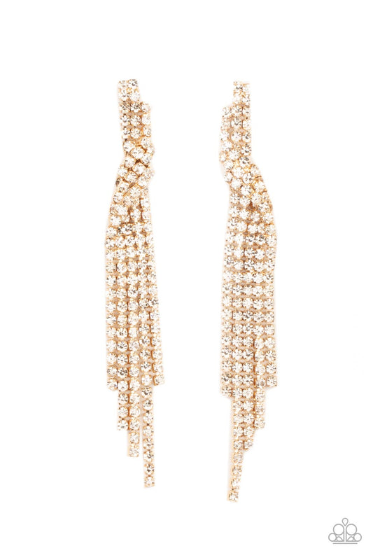 Cosmic Candescence - Gold Fittings & White Rhinestone Dainty Strands Tapered Tassel Paparazzi Earrings