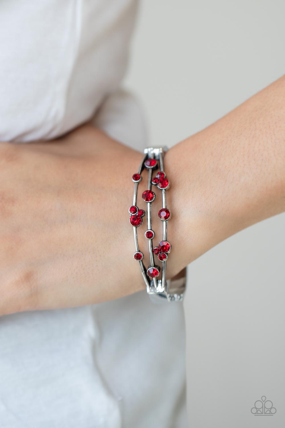 Cosmic Candescence - Red Rhinestone & Silver Bar Paparazzi Hinge Bracelet