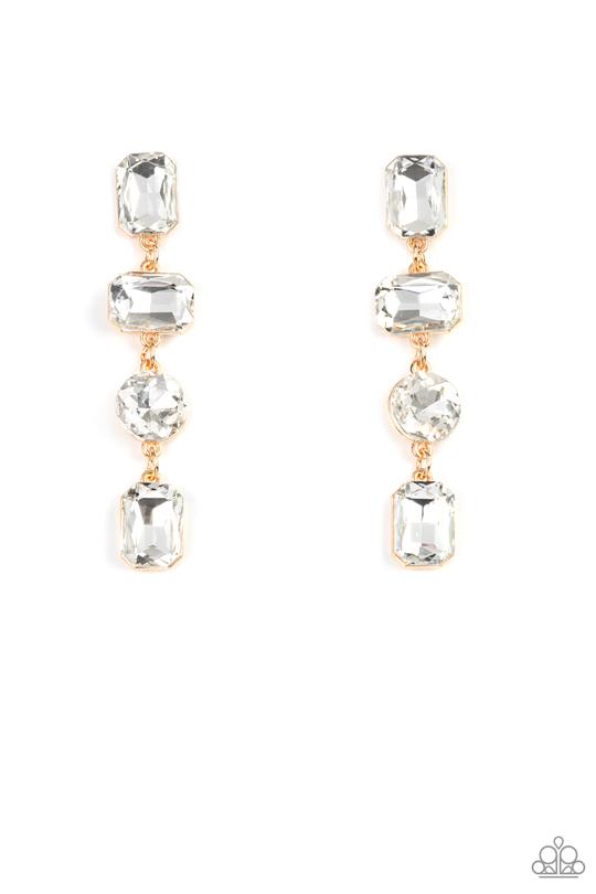 Cosmic Heiress - Gold/Oversized Round, Teardrop, & Emerald Cut White Rhinestone Paparazzi Earrings