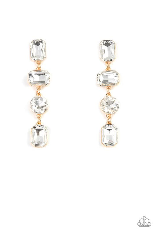 Cosmic Heiress - Gold/Oversized Round, Teardrop, & Emerald Cut White Rhinestone Paparazzi Earrings