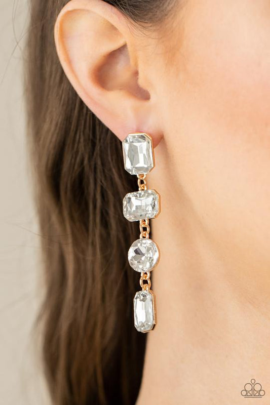 Cosmic Heiress - Gold/Oversized Round, Teardrop, & Emerald Cut White Rhinestone Paparazzi Earrings
