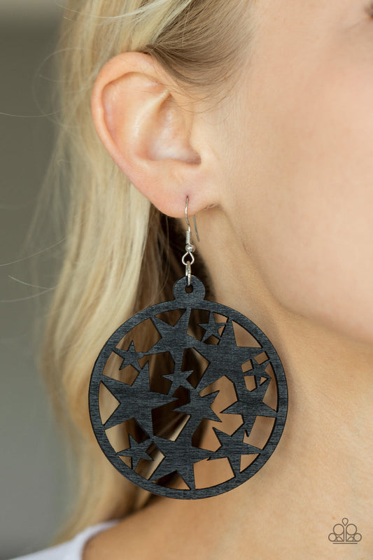 Cosmic Paradise - Black Oversized Wooden Frame/Cut-Out Black Star Paparazzi Earrings