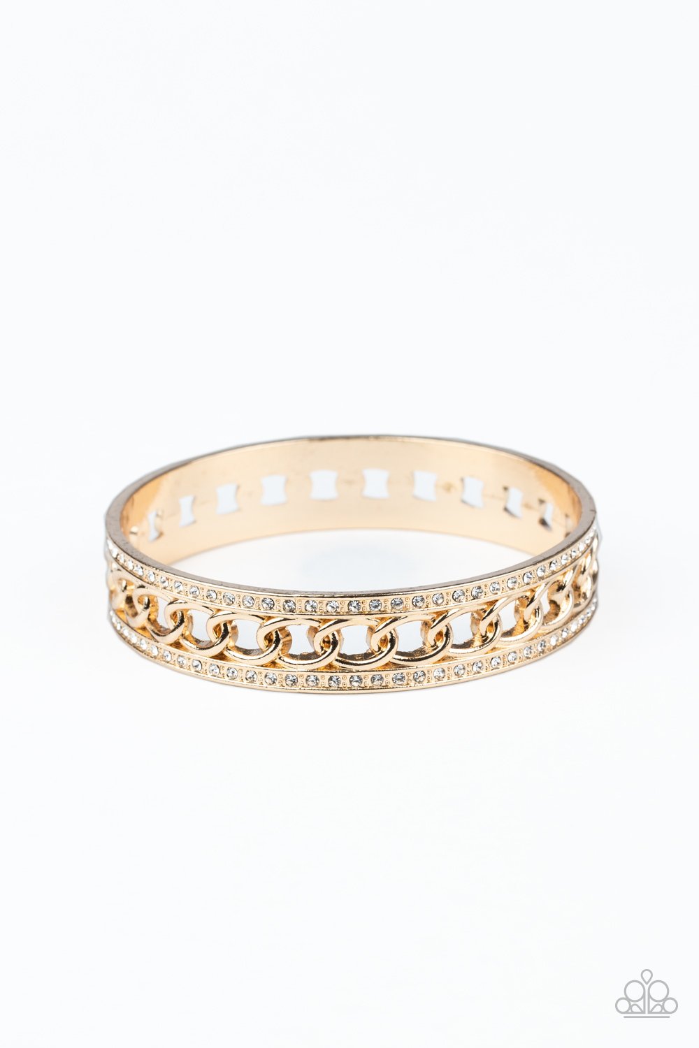 Couture Court - Gold Chain Inspired/White Rhinestone Paparazzi Bangle Bracelet