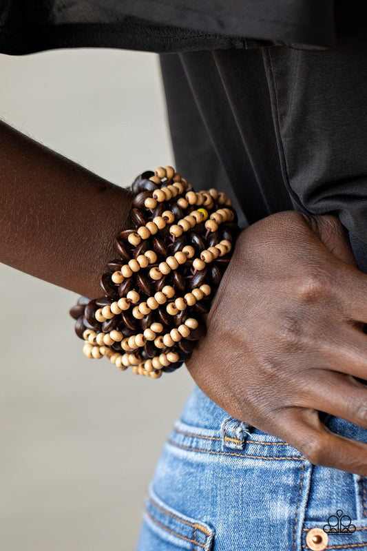 Cozy in Cozumel -  Brown & Tan Dainty Wooden Beaded Stretch Paparazzi Bracelet
