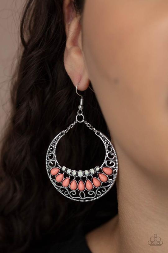 Crescent Couture - Orange Bead/Opalescent Rhinestone Crescent Shaped Paparazzi Earrings