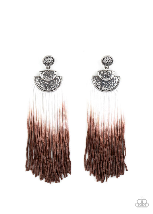 DIP It Up - Brown & White Cording Fringe Paparazzi Earrings