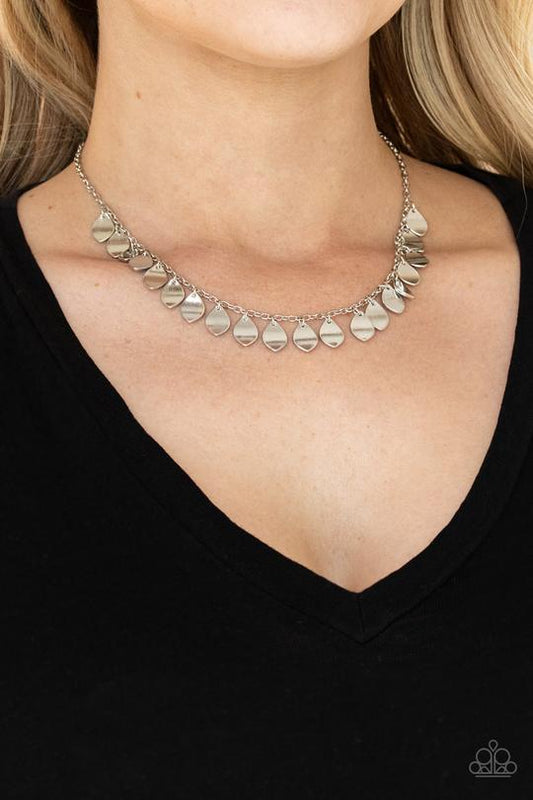Dainty DISCovery - Silver Teardrop Disc Paparazzi Fringe Necklace & matching earrings