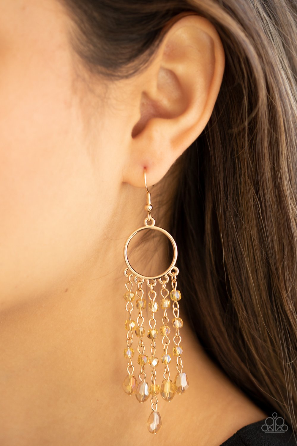 Dazzling Delicious - Gold Iridescent Beaded Paparazzi Chandelier Earrings