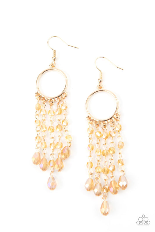 Dazzling Delicious - Gold Iridescent Beaded Paparazzi Chandelier Earrings