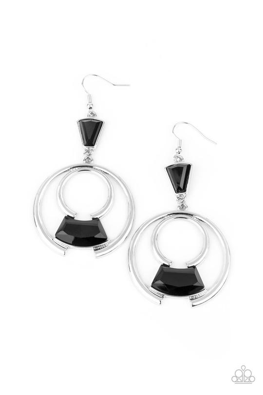 Deco Dancing - Black Faceted Gems & Bold Silver Circle Paparazzi Earrings