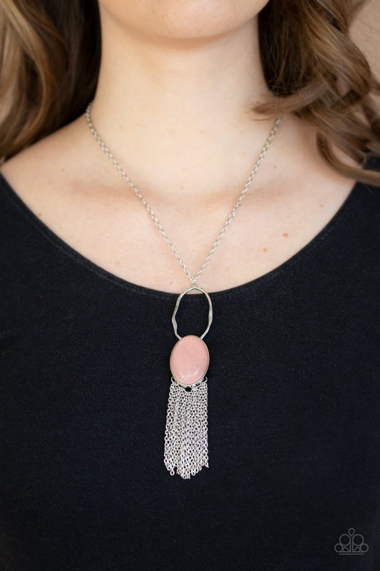Dewy Desert - Pink Stone/Silver Chain Tassel Paparazzi Pendant Necklace & matching earrings