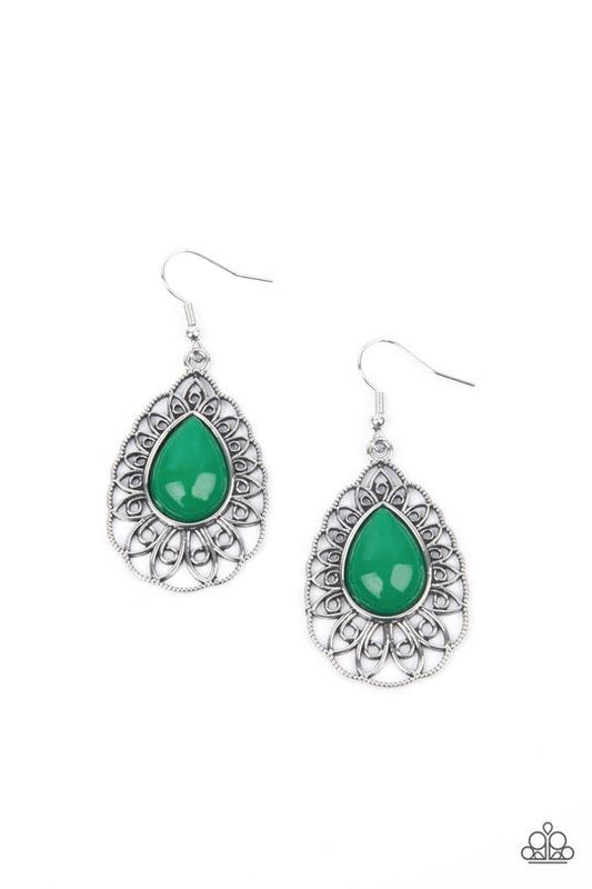 Dream STAYCATION - Green Beaded Silver Teardrop Frame Paparazzi Earrings