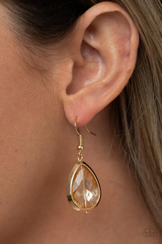 Drop-Dead Duchess - Gold Rhinestone/Gold Teardrop Casing Paparazzi Earrings