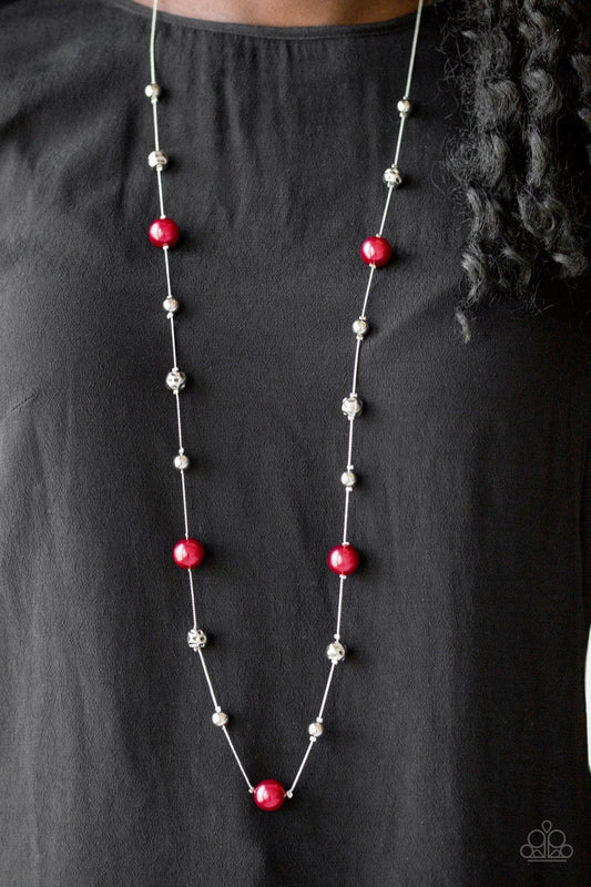 Eloquently Eloquent - Red Pearl & Silver Beaded Elongated Paparazzi Necklace & matching earrings