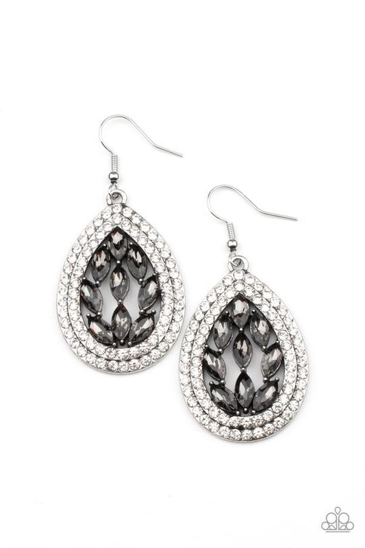 Encased Elegance - Silver/Smoky Marquise Cut Rhinestones & White Rhinestone Paparazzi Teardrop Earrings