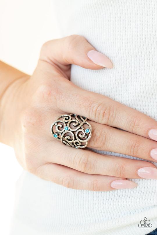 FRILL Out! - Blue Rhinestone/Silver Filigree Paparazzi Ring