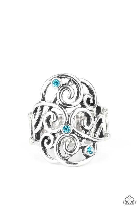 FRILL Out! - Blue Rhinestone/Silver Filigree Paparazzi Ring