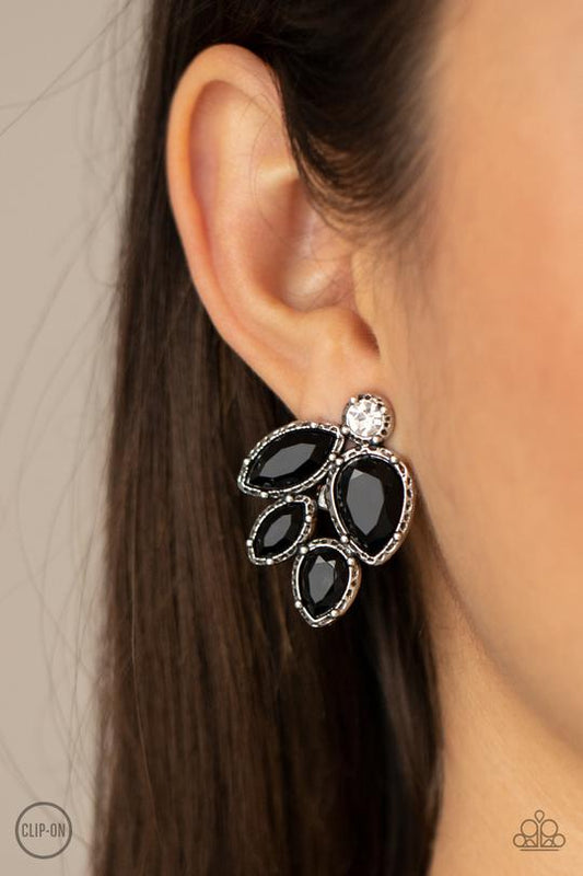 Fancy Foliage - Black & White Rhinestone Paparazzi CLIP ON Earrings