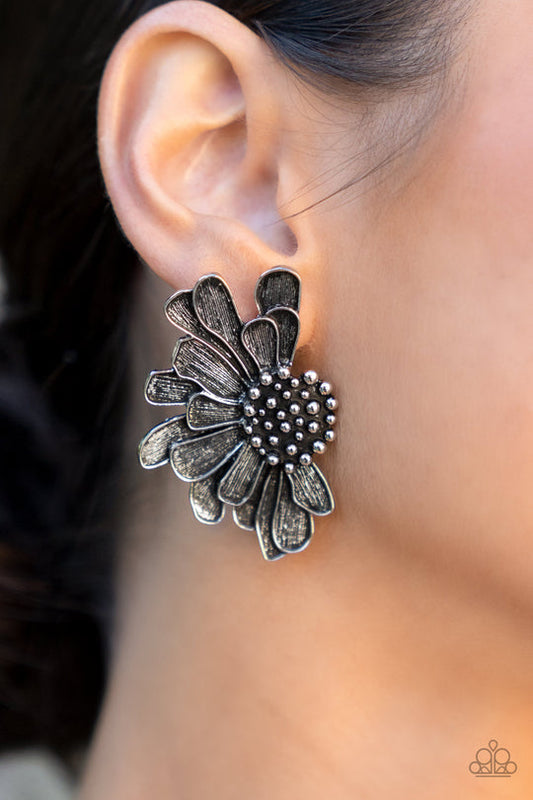 Farmstead Meadow - Silver Imperfect Flower Half Blossom Paparazzi Post Earrings