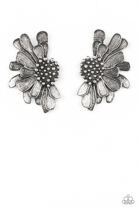 Farmstead Meadow - Silver Imperfect Flower Half Blossom Paparazzi Post Earrings
