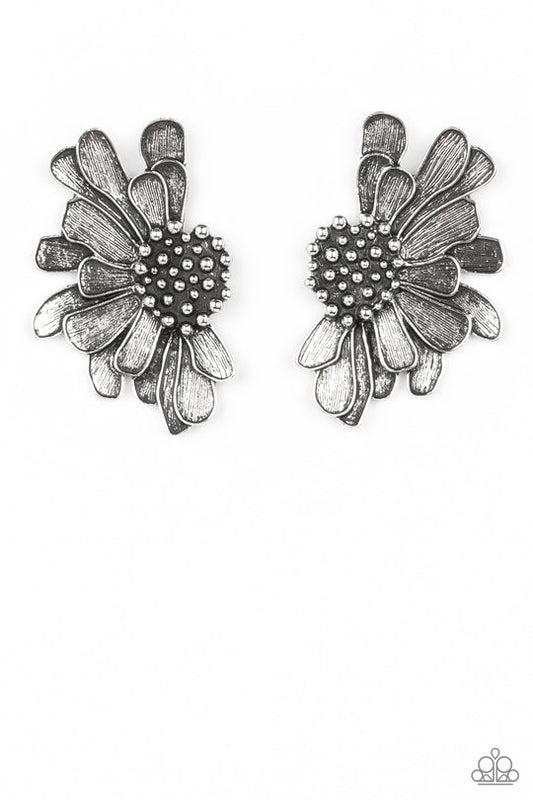 Farmstead Meadow - Silver Imperfect Flower Half Blossom Paparazzi Post Earrings