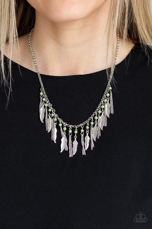 Feathered Ferocity - Green Bead/Silver Feather Paparazzi Necklace & matching earrings