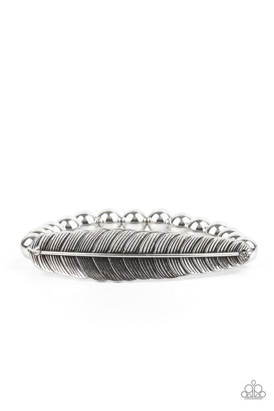 Featherlight Fashion - Silver Feather/Silver Beaded Paparazzi Stretch Bracelet