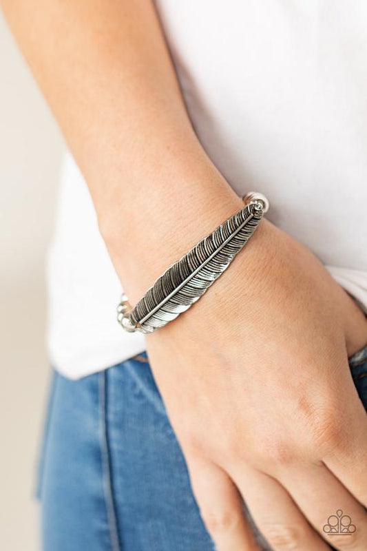 Featherlight Fashion - Silver Feather/Silver Beaded Paparazzi Stretch Bracelet
