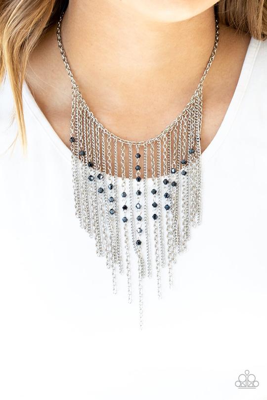 First Class Fringe - Blue Metallic Beaded Silver Chain Fringe Paparazzi Necklace & matching earrings
