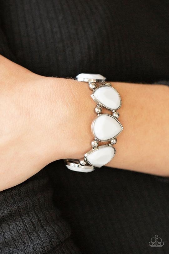 Flamboyant Tease - White Faceted Teardrop Frame Paparazzi Stretch Bracelet