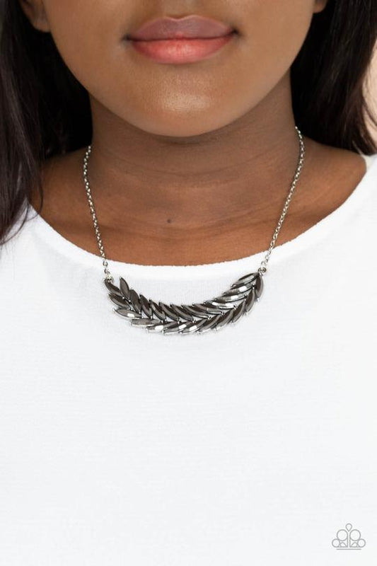 Flight of FANCINESS - Silver/Hematite Rhinestone Feather Inspired Paparazzi Necklace & matching earrings
