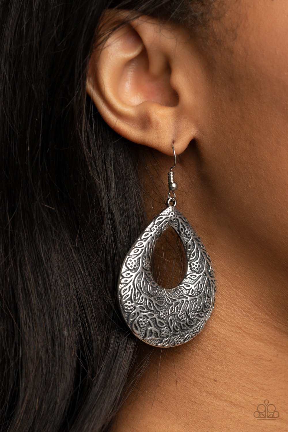 Flirtatiously Flourishing - Silver Floral Filigree Paparazzi Teardrop Earrings