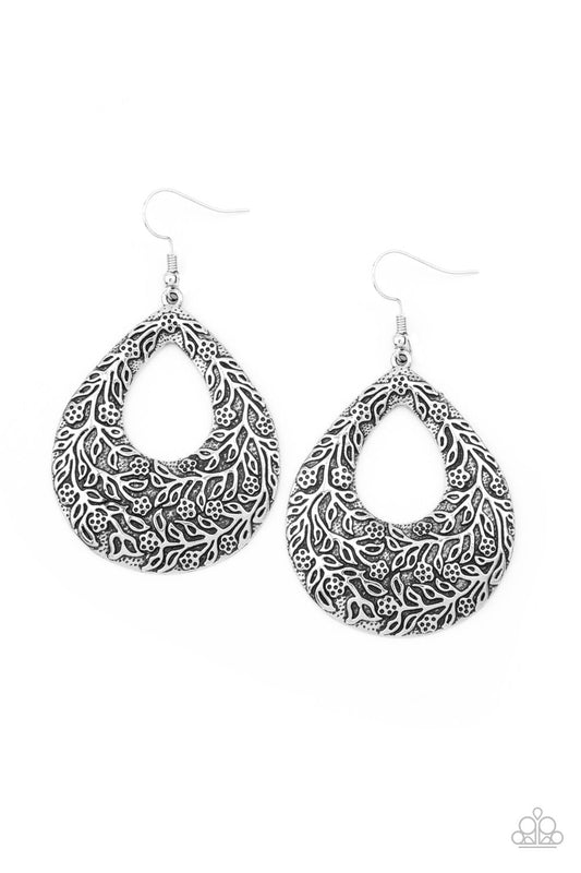 Flirtatiously Flourishing - Silver Floral Filigree Paparazzi Teardrop Earrings