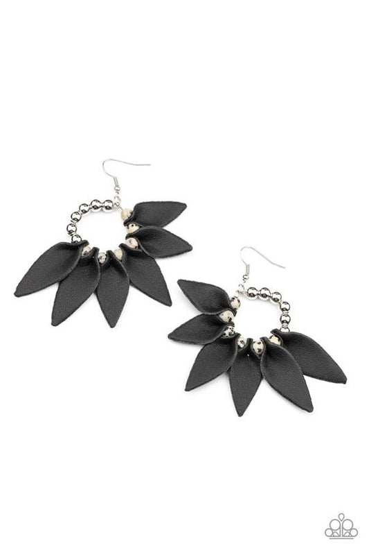 Flower Child Fever - Black Leather Petal Paparazzi Earrings