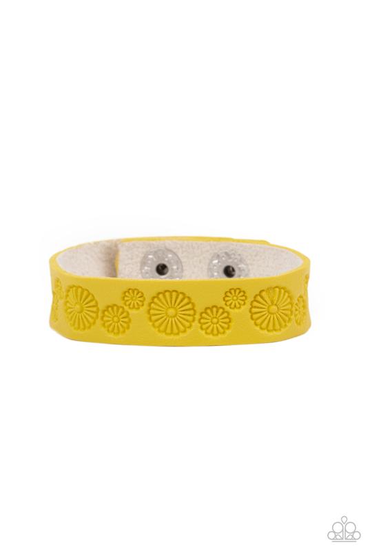 Follow The Wildflowers -Yellow Leather Daisy Stamped Paparazzi Snap Bracelet