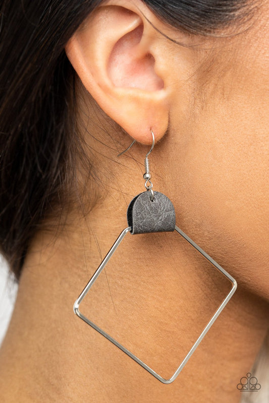 Friends of a LEATHER - Silver/Gray Leather/Airy Geometric Silver Hoop Paparazzi Earrings