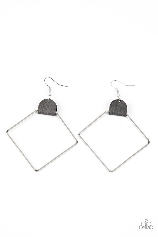 Friends of a LEATHER - Silver/Gray Leather/Airy Geometric Silver Hoop Paparazzi Earrings